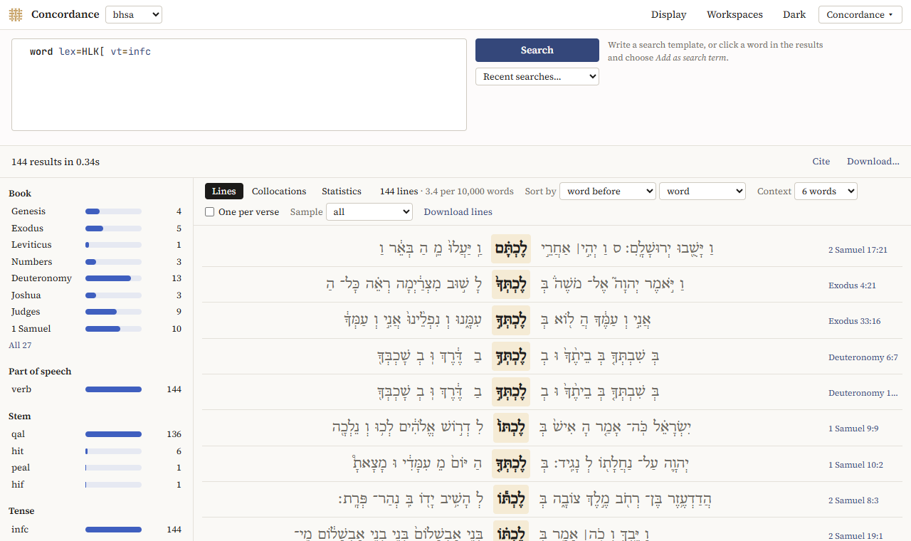 The Concordance: the infinitives construct of הלך, sorted by the word before